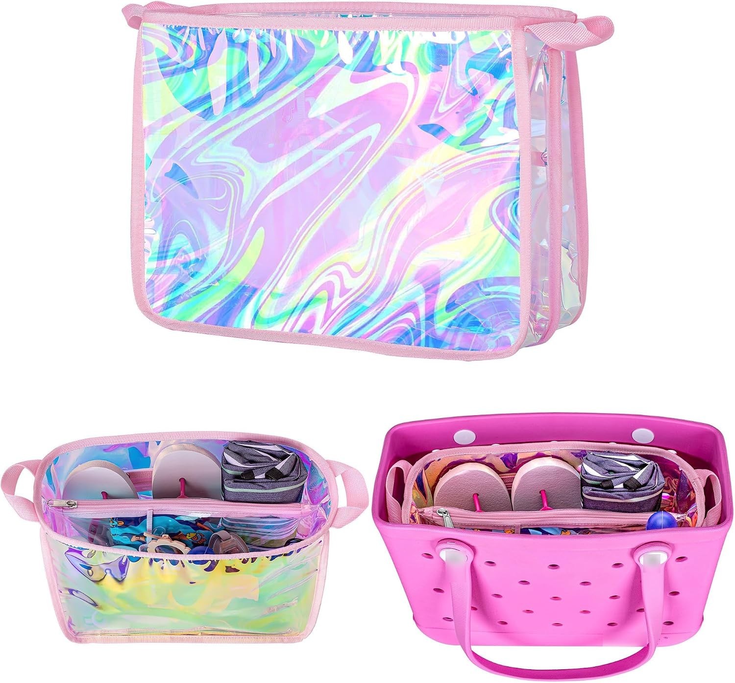 Iridescent Waterproof Beach Bag Organizer Insert for Bogg Bag – Pink 12.4×10.2in