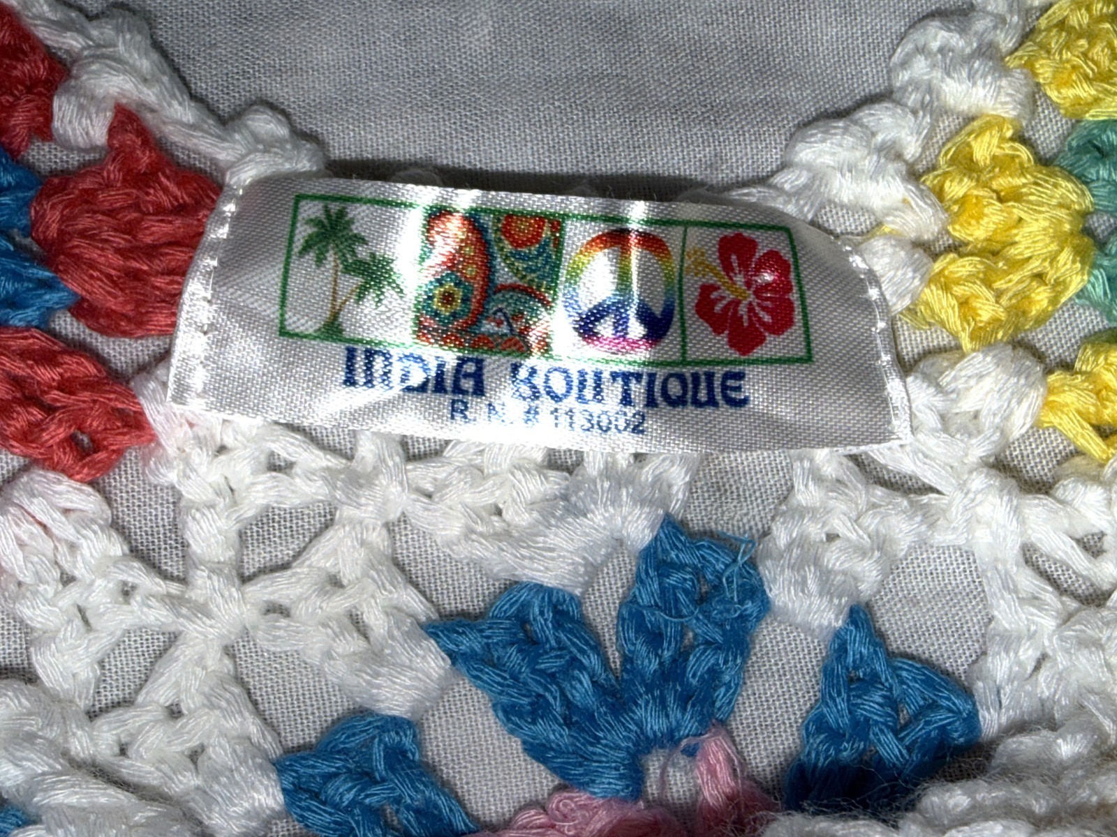 India Boutique Gauze Crochet Granny Square Boho Tunic Beach Cover-Up Top M/L 1SZ
