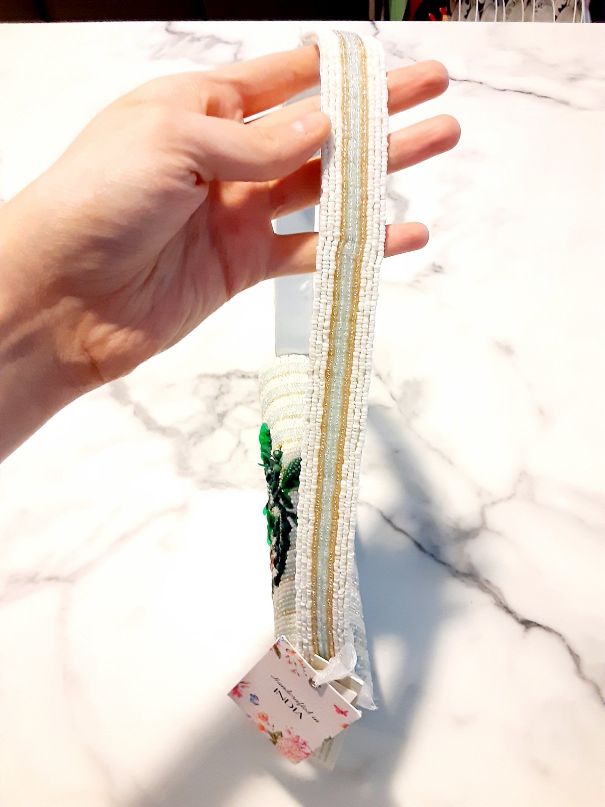 Made in India Beaded Tomato Striped Mini Shoulder Bag Purse White Gold Mint