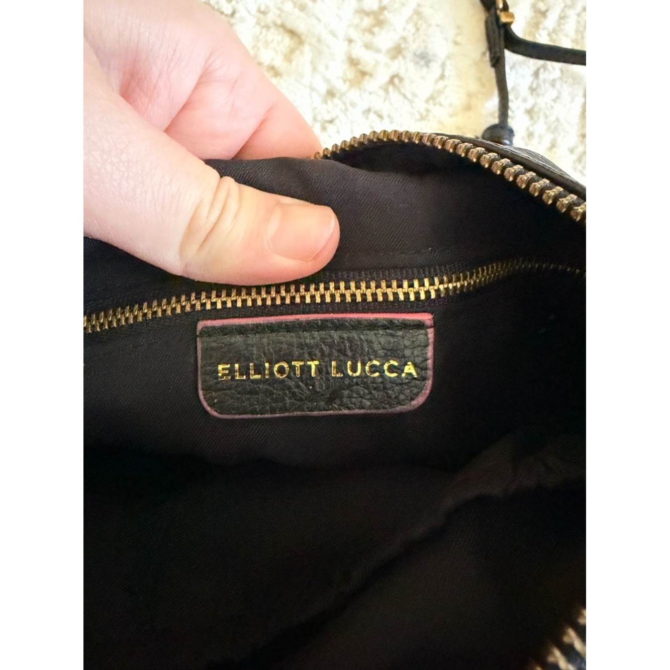 Elliott Lucca Black Leather Crossbody Bag Woven Texture Gold Hardware Multi Zip