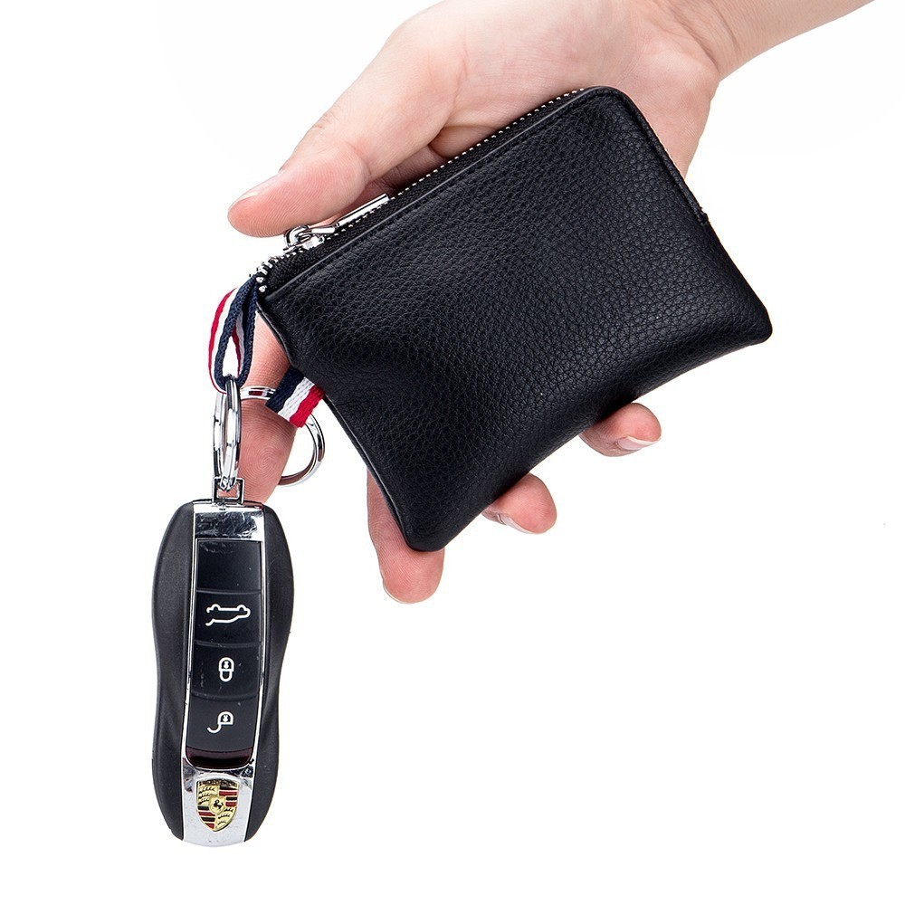 Genuine Leather Coin Purse Change Pouch With Zipper & Key Chain For Men Women