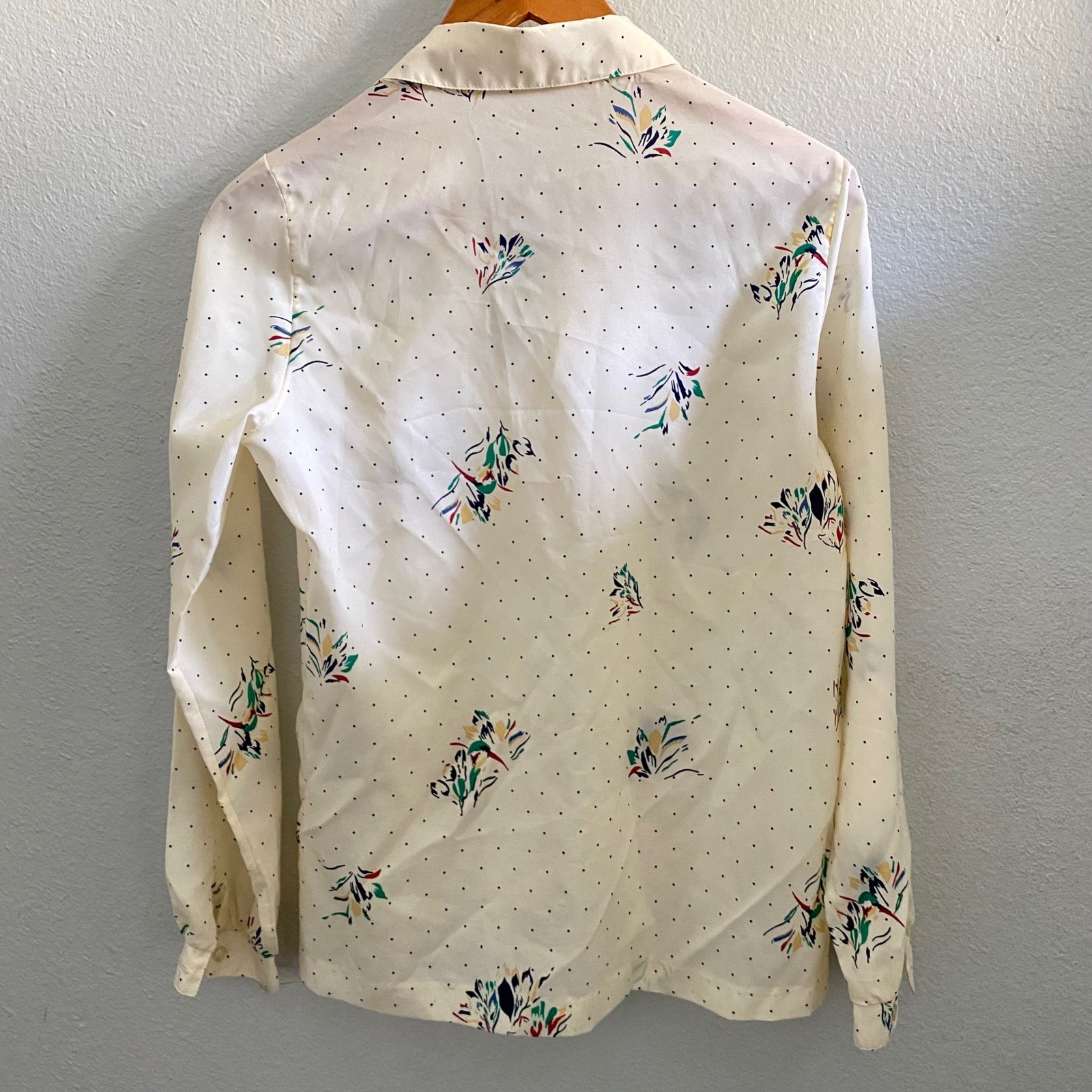 Vintage Koret Polka Dot Floral Button Down Blouse Cream Made in USA ILGWU Tag