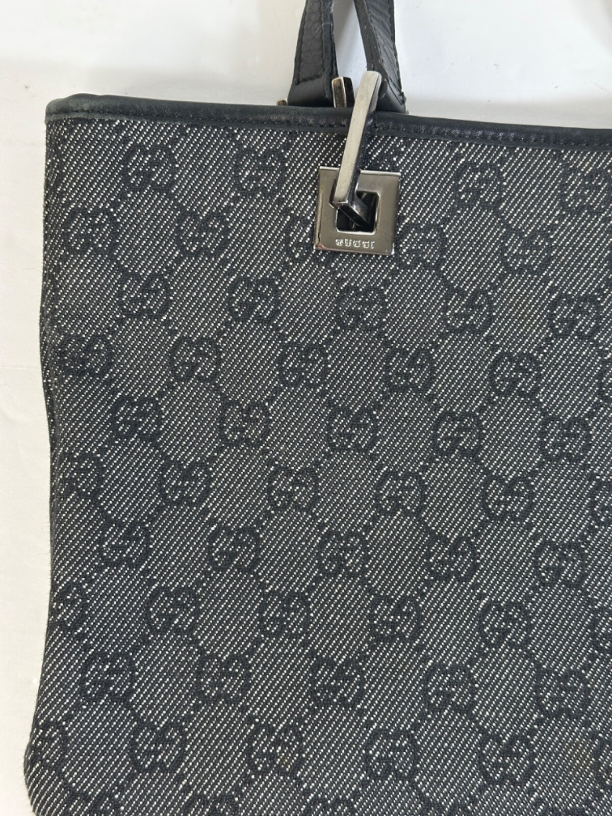 Authentic Gucci GG Black Leather Tote Bag Purse 10.25″ Wide 9.25″ High EUC