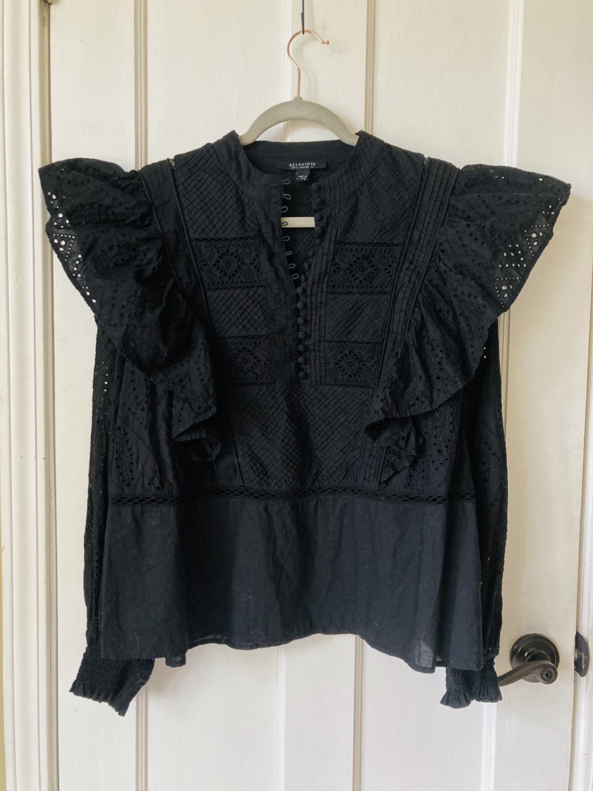ALLSAINTS Aubrey Broderie-Anglaise Embroidered Frill Black Cotton Top-sz US 8