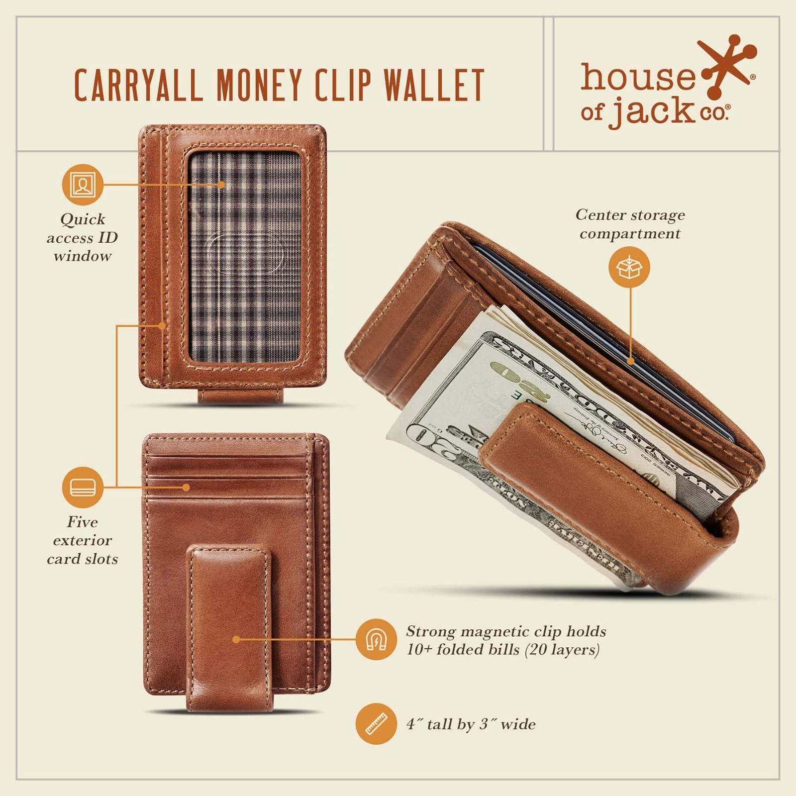 Slim Money Clip Wallet for Men, Full Grain Leather, Magnetic Clip Holds 15+ Bill