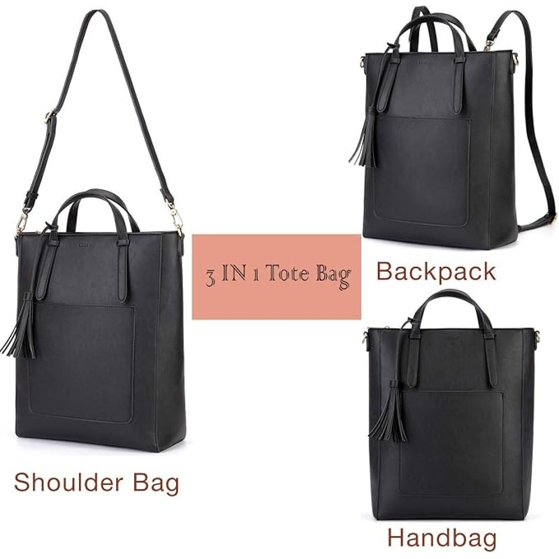 ECOSUSI Black Vegan Leather Convertible Backpack Tote Bag Laptop Briefcase
