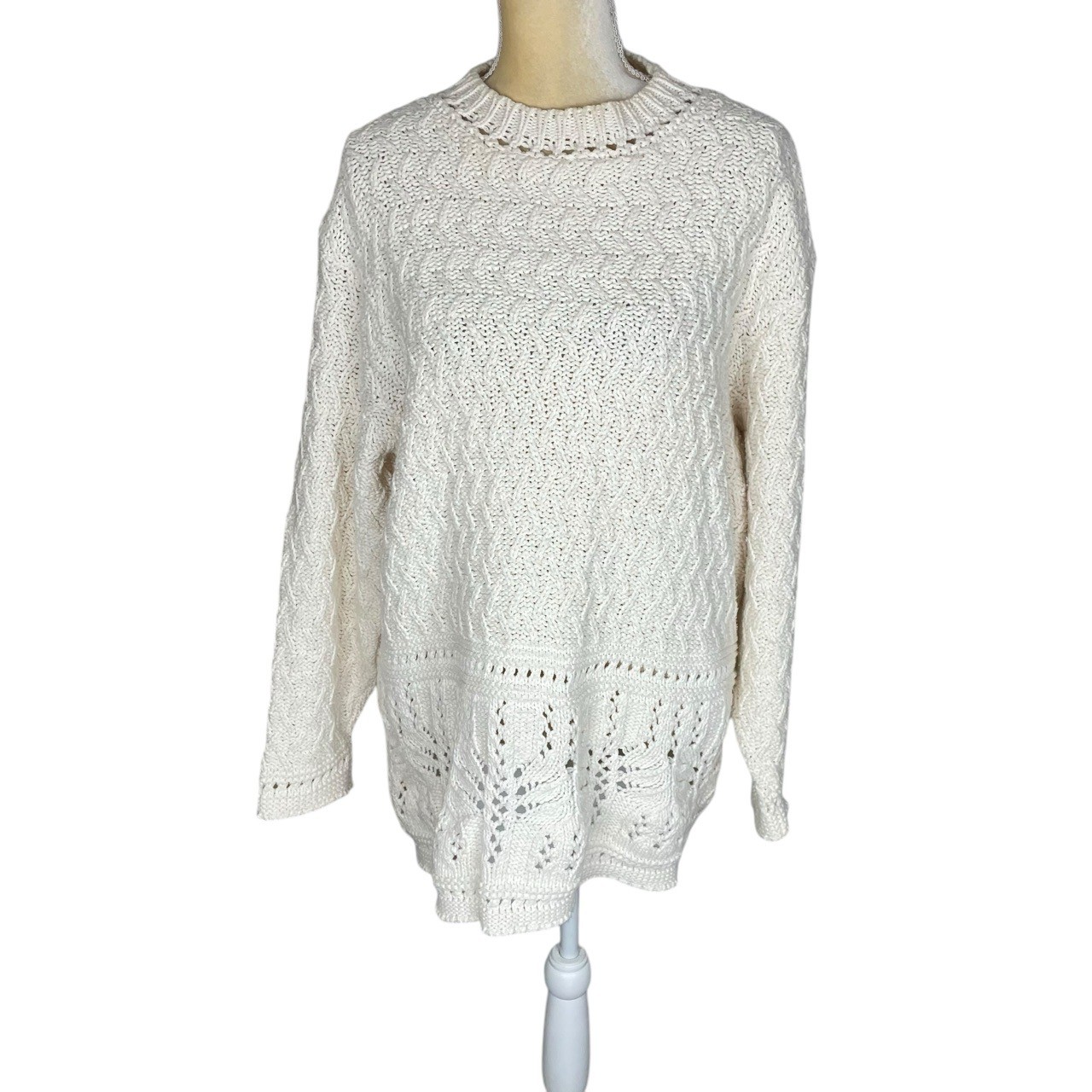 Coldwater Creek Cream Fisherman Knit Sweater Cotton Blend Crew Neck Large