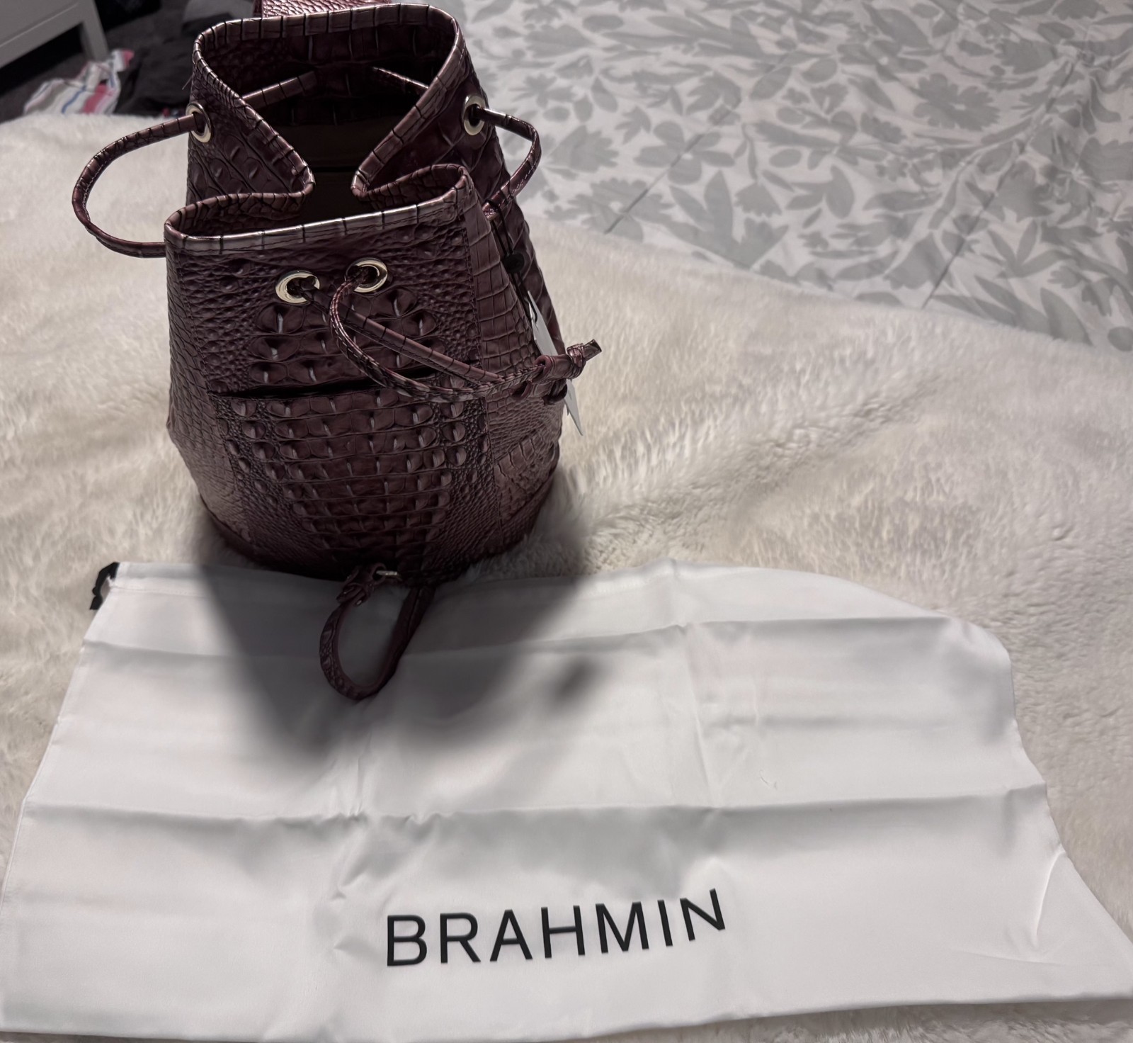 Brahmin Burgundy Embossed Animal Print Bucket Drawstring Bag