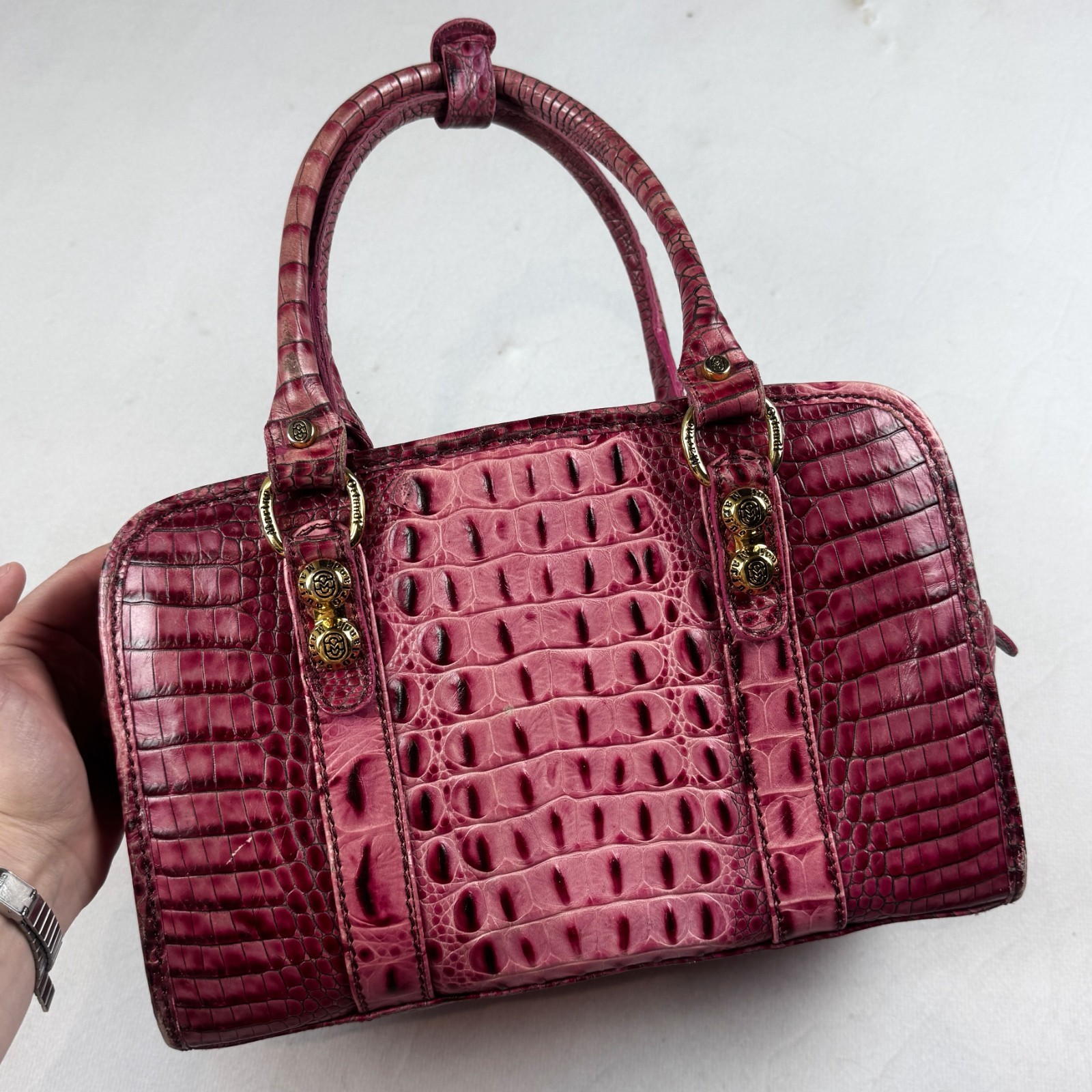 Italy Pink Croc Embossed Handbag Leather Top Handle Purse Retro Shoulder Bag