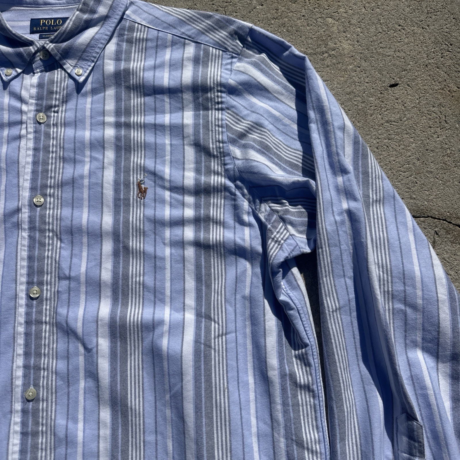 Polo Ralph Lauren Classic Fit Oxford Shirt Blue Striped Mens XL Flesh Pony Horse