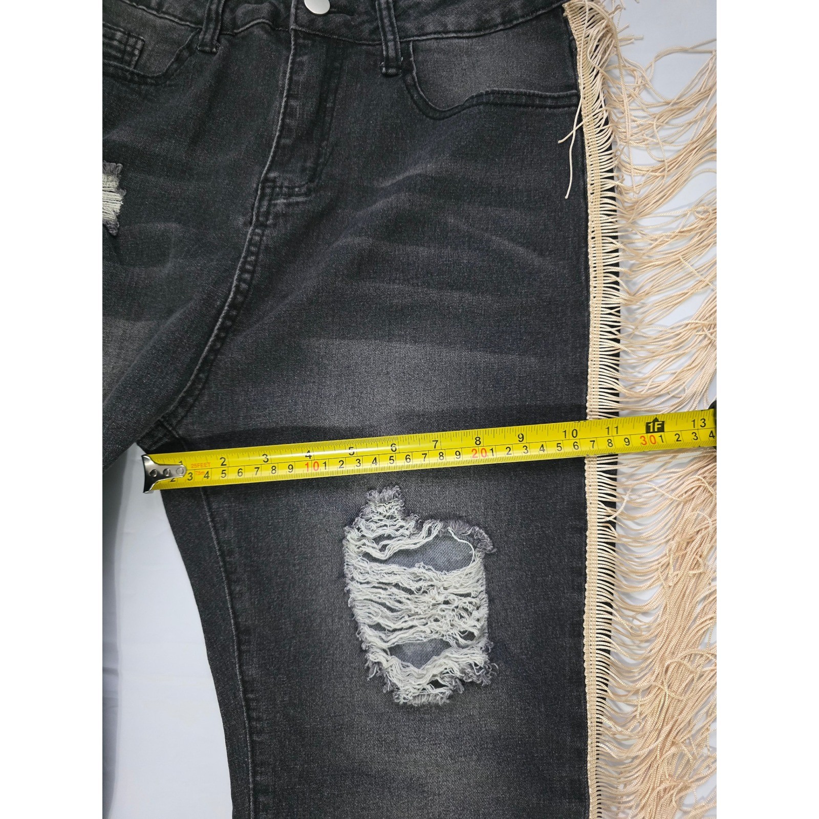 Shein Distressed Fringe Side Trim Jeans Black High Waisted Boho Ripped Denim M