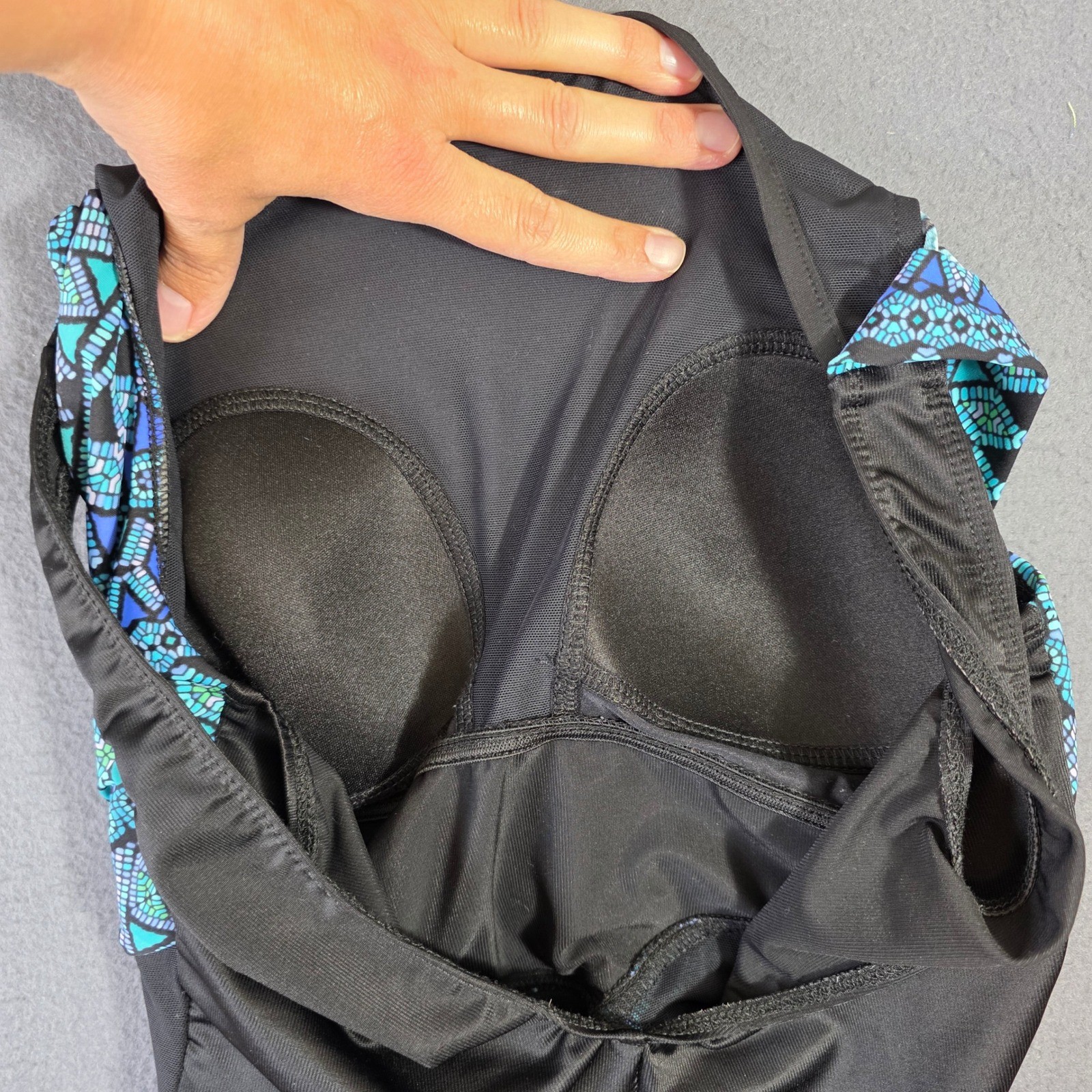 Miraclesuit Palma Deep V One Piece Swimsuit Black Blue Geometric Womens Size 12