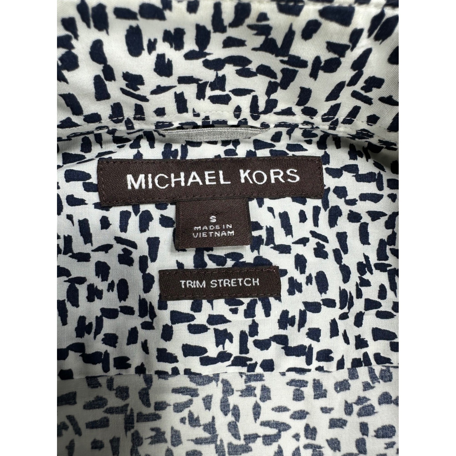 Michael Kors Mens Trim Stretch Button Down Shirt Navy White Abstract Print Small