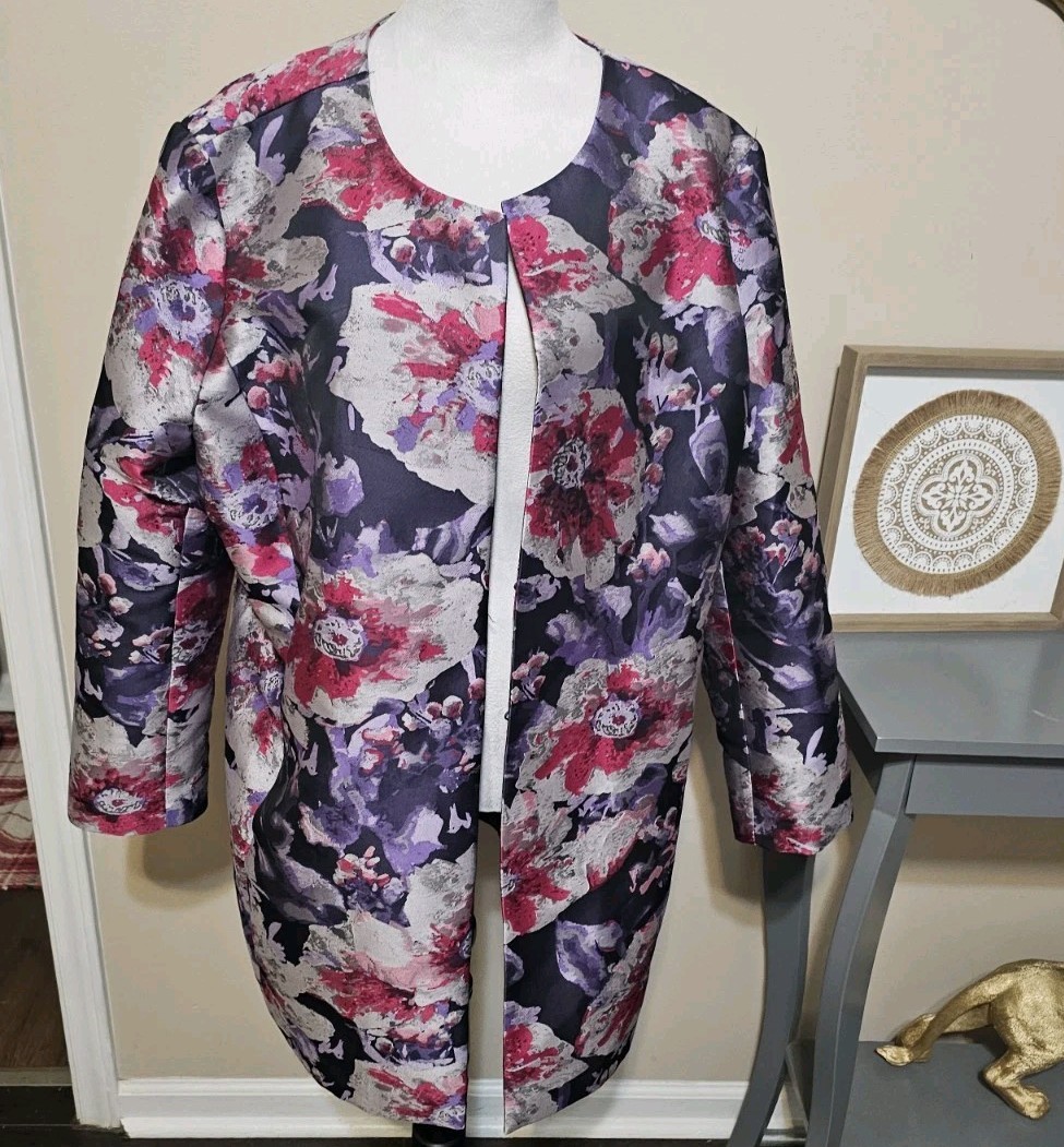 Chicos Floral Brocade Topper Jacket Coat Purple Pink Metallic Jacquard 3.5 US 18