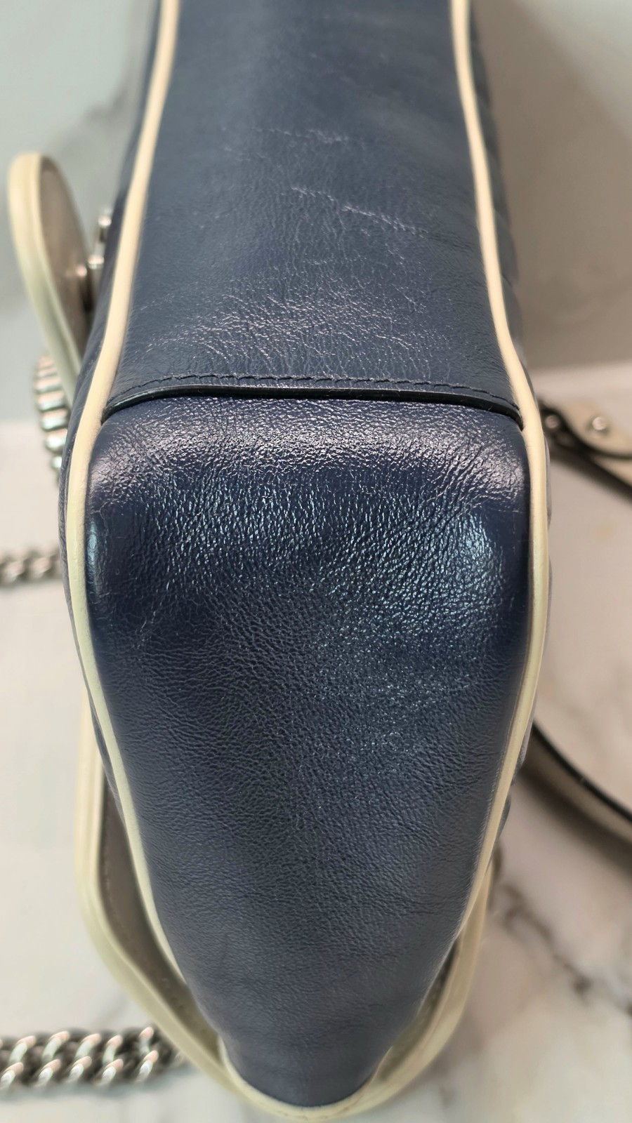 Gucci GG Vintage Effect Marmont Blue Chevron Matelasse Shoulder Bag MSRP: $2,590