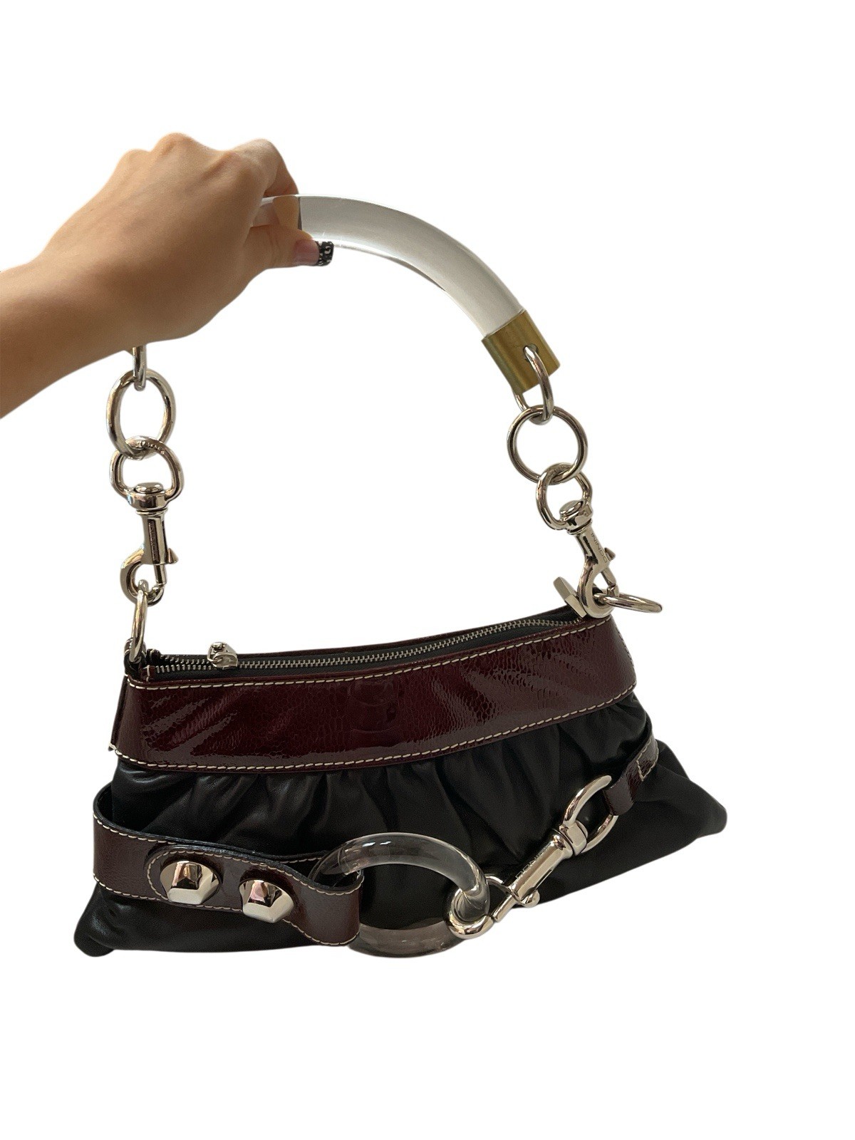 Donini Black W Brown Patent Leather Trim Bag