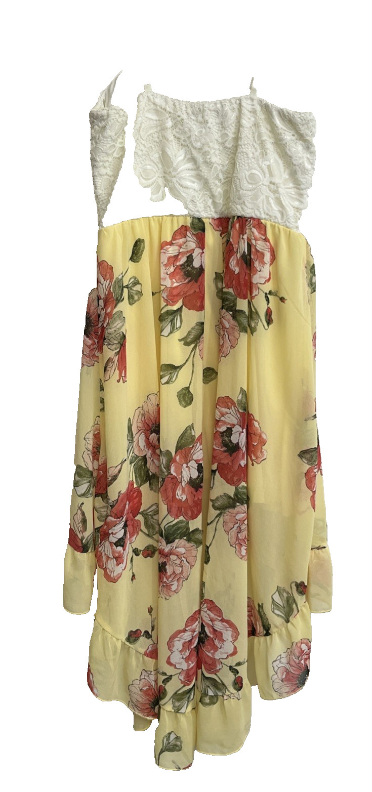 A.U.W. Sundress Size L Yellow Pink Floral Adjustable Strap Built In Bra Hi-Low