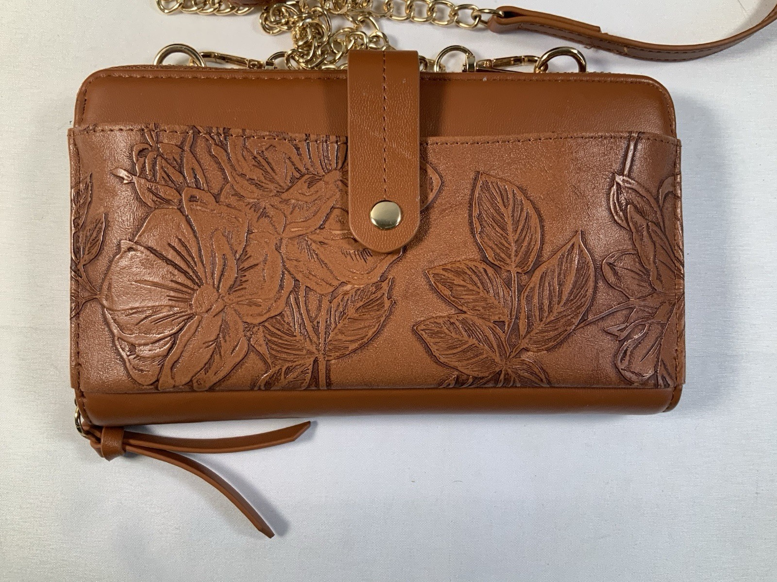 Faux Leather Floral Embossed Gold Chain Strap Brown Crossbody Wallet Purse