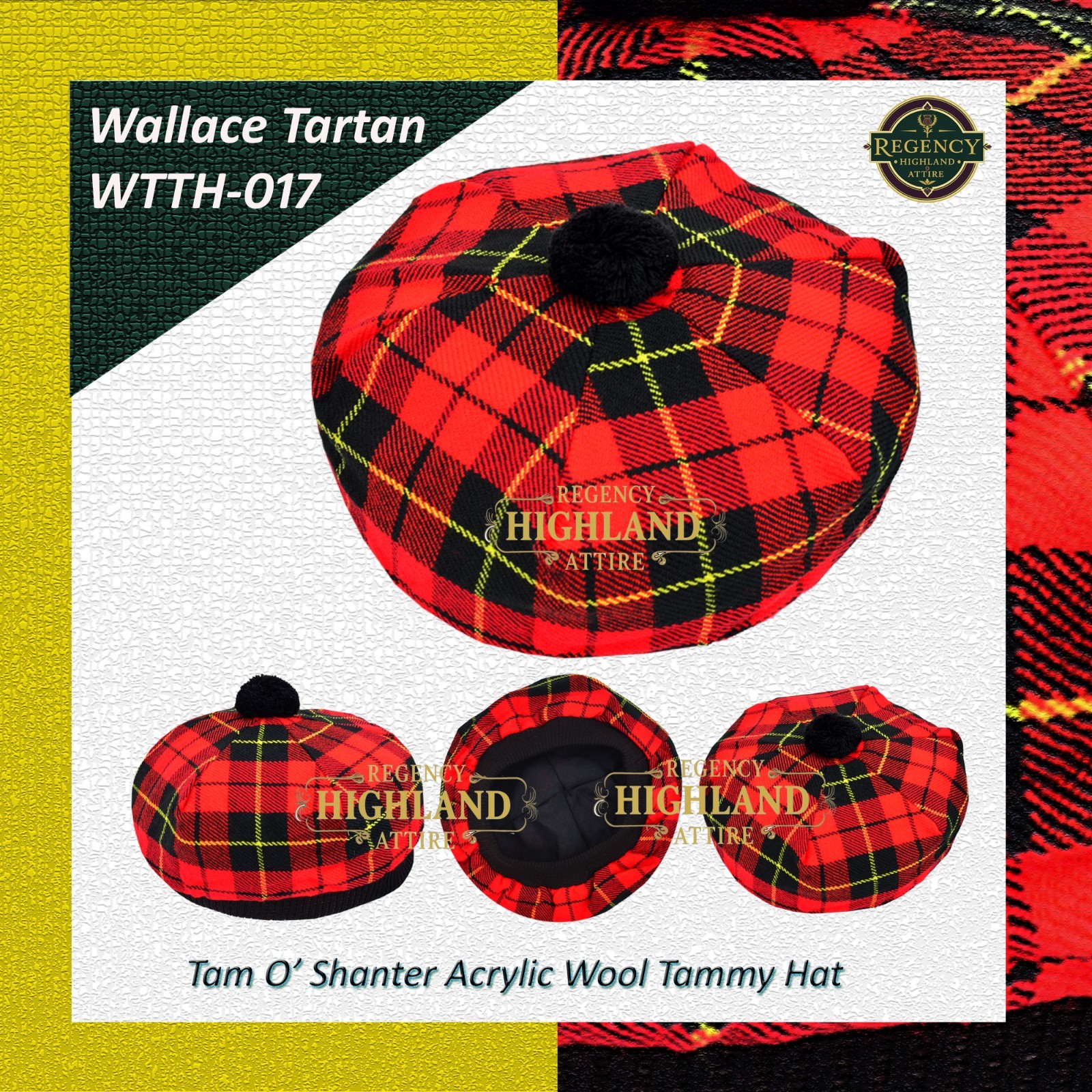 Unisex Great Scottish Highland Tam O Shanter Hat Made of Acrylic Wool Tartan.