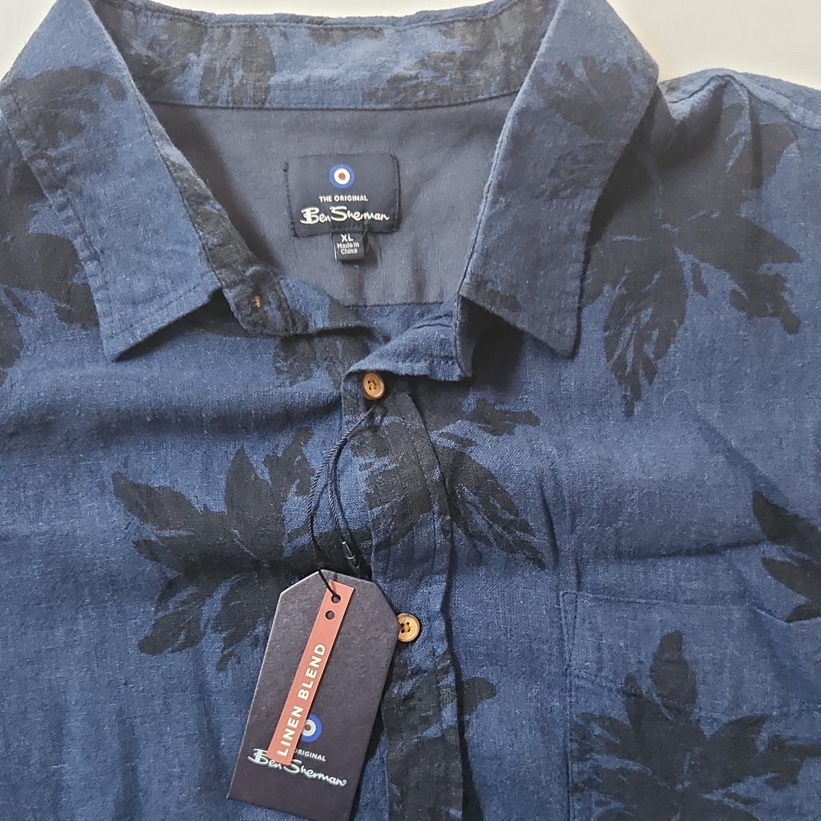 Ben Sherman Linen Blend Blue Floral Button-Up Shirt Men’s XL Regular