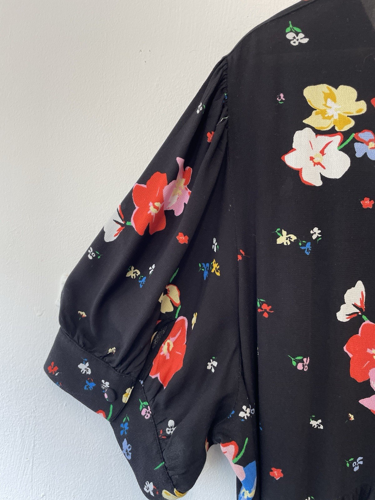 M&S Floral Print Midi Dress Size 24 Black Multi Tiered Button Detail Belted