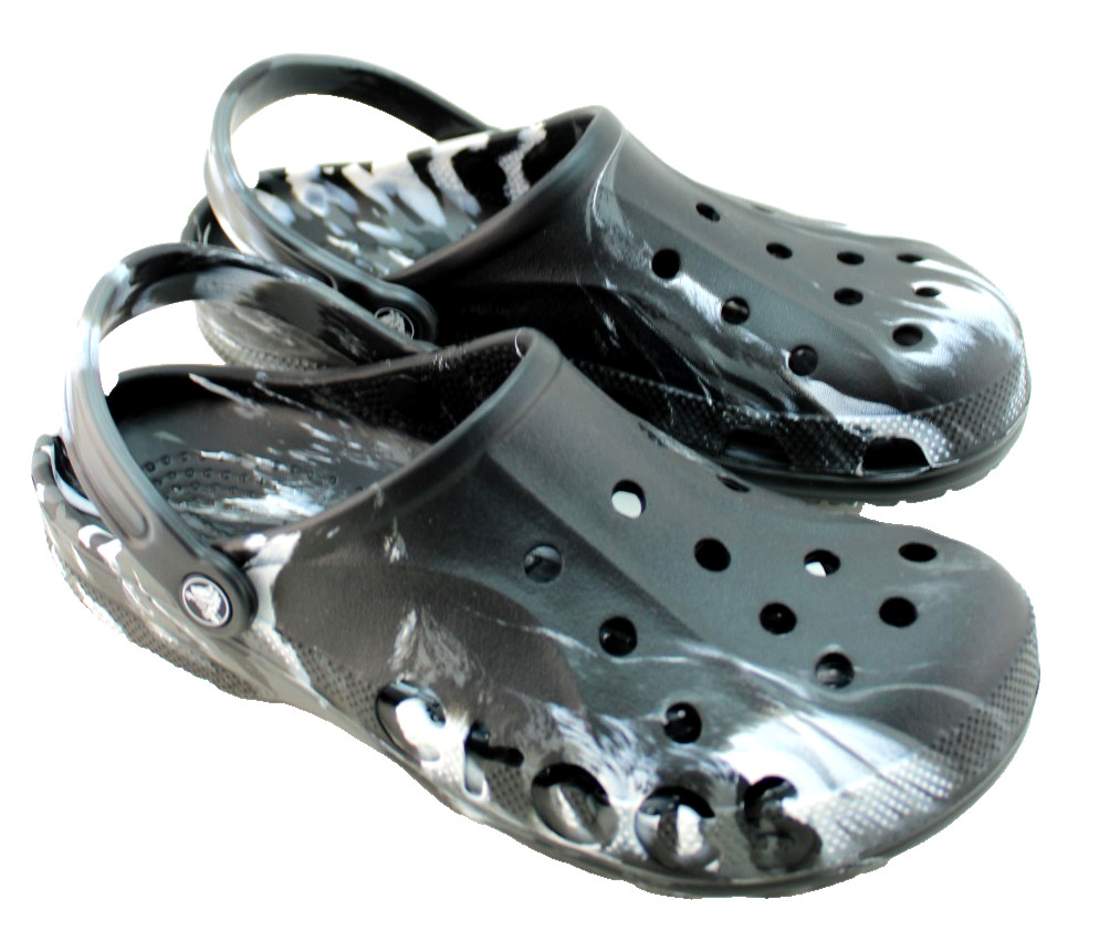 CROCS Baya Men’s 10 Black / White Marbled Croslite Foam Slide Sandals RETAIL $55