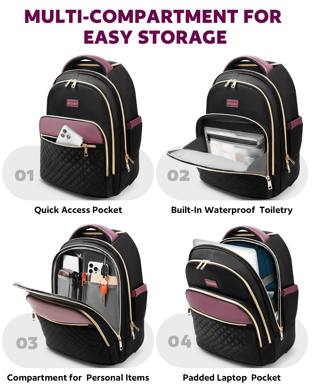 Arcoyard Rolling Backpack, 17 Inch Laptop With Wheels for Women, Black Purple