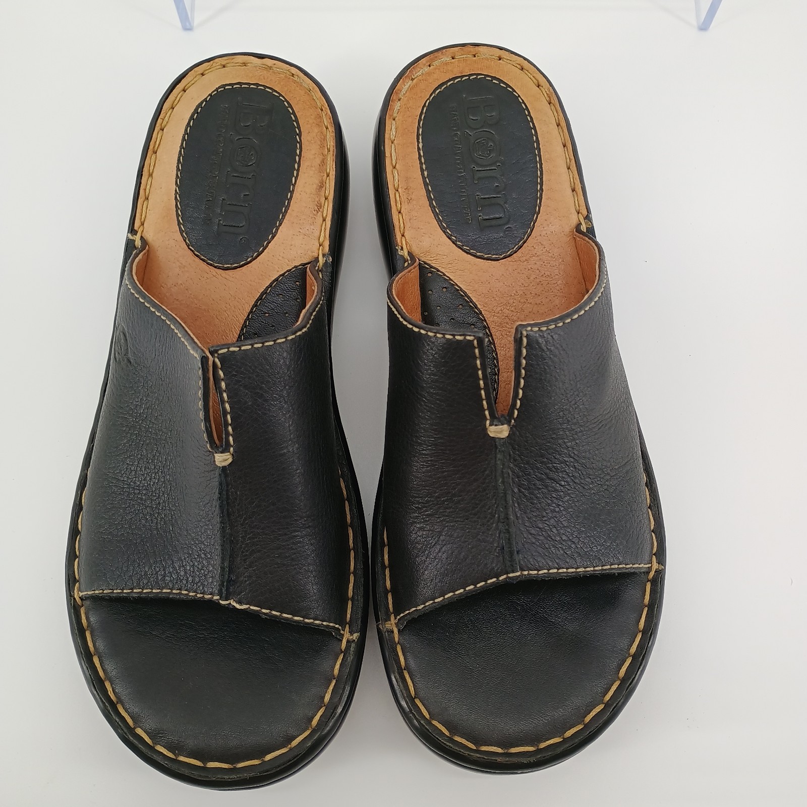 Børn Women’s Leather Slide Sandals 7 M Black Comfort Wedge B4585