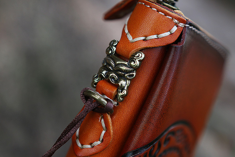 Leather Long Wallet Carved Hand Tooled Zip Around Clutch Purse +Amulet Pendant