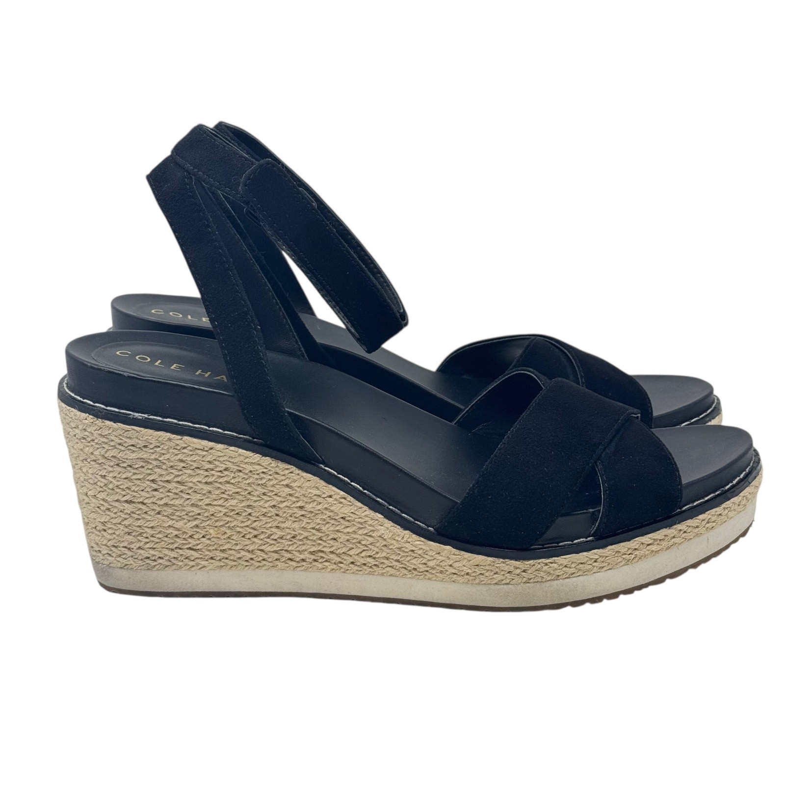 Cole Haan Cloudfeel Black Suede Wedge Espadrille Sandals Sz 8.5