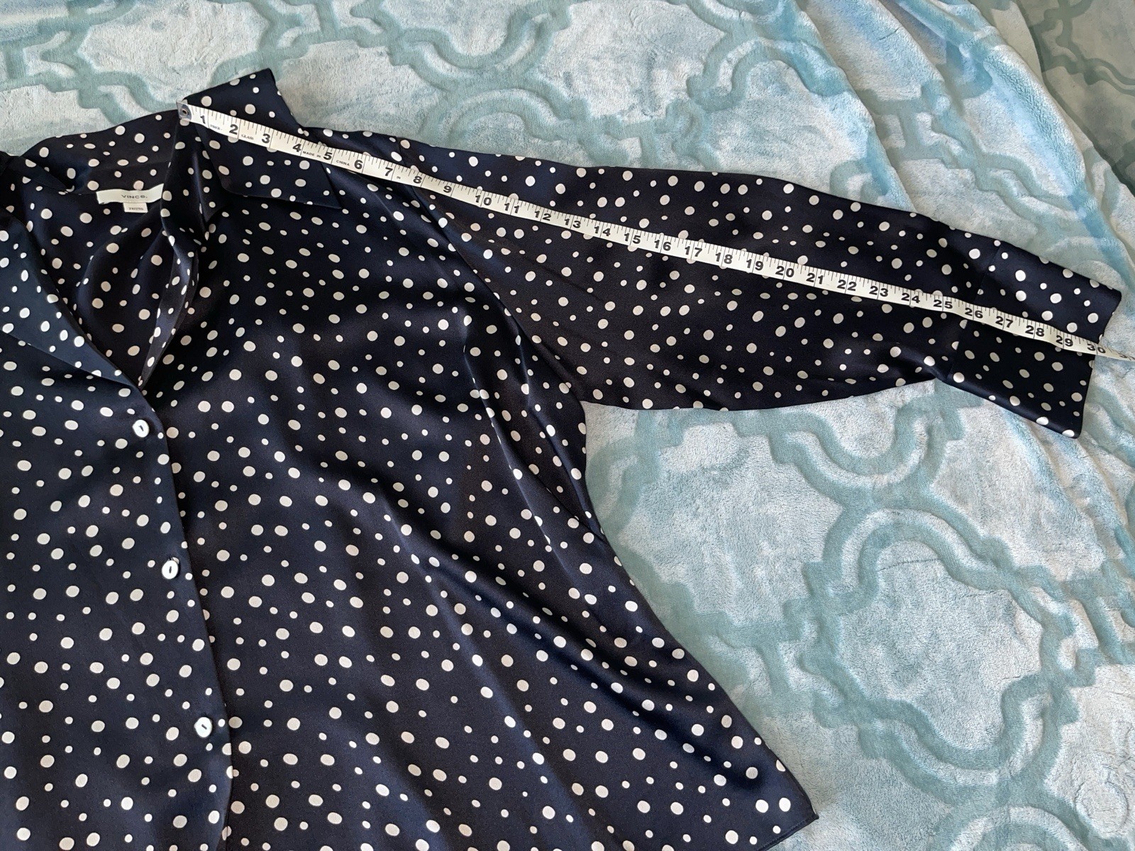 VINCE Camp Collar 100% Silk Deep Marine/Navy Blue Polka Dot Blouse 2X