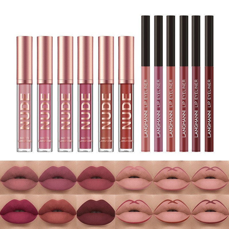 Lip Liner And Lipstick Makeup 12 Pcs Set 6 Matte Lipstick 6 Lip Liner Pens Water