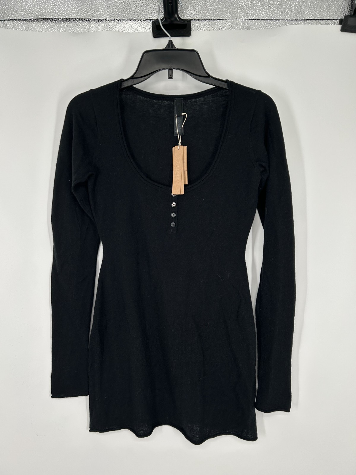 SKIMS Sheer Cashmere Henley Mini Dress Womens Size XS Onyx Black Scoop Neck Knit