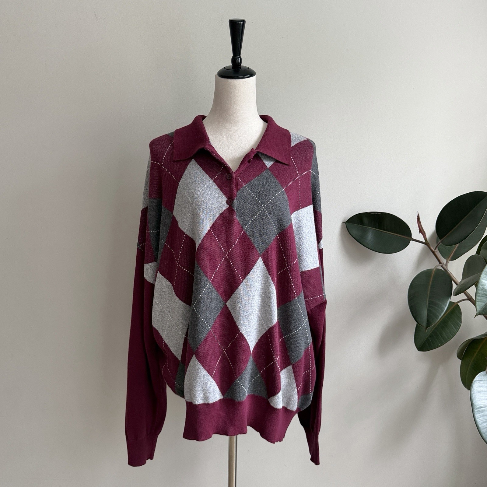 Edikted Argyle Oversized Polo Sweater Burgundy Dark Academia Preppy M