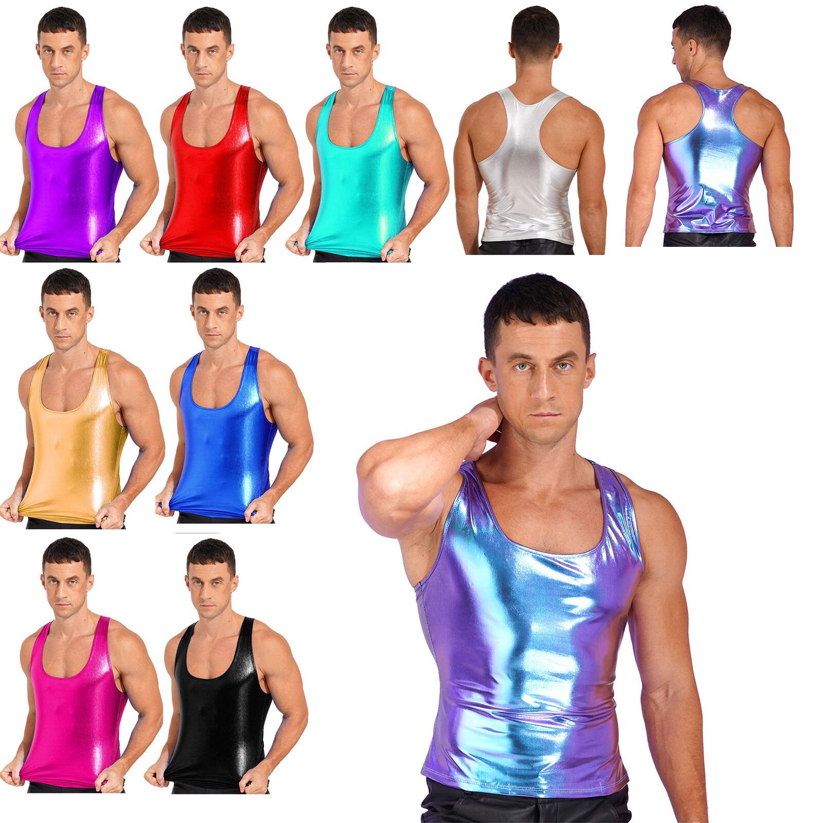 Mens Metallic Deep U-Neck Racer Back Slim Fit Camisole Tank Top Vest Muscle Tops