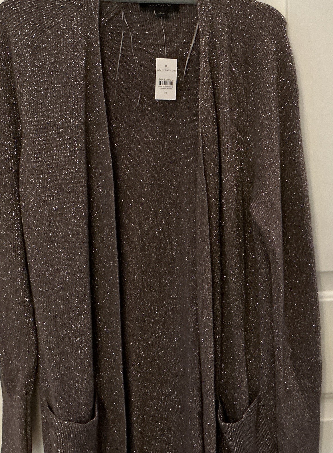 Ann Taylor Metallic Knit Open Front Cardigan Sweater w/ Pockets Gray M