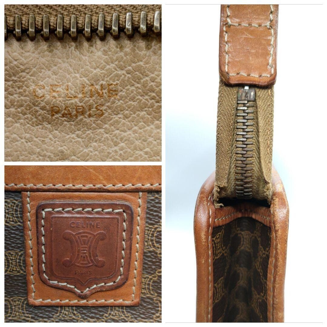 CELINE Macadam Vintage Brown Leather Clutch Bag Unisex Gold Zip From Japan