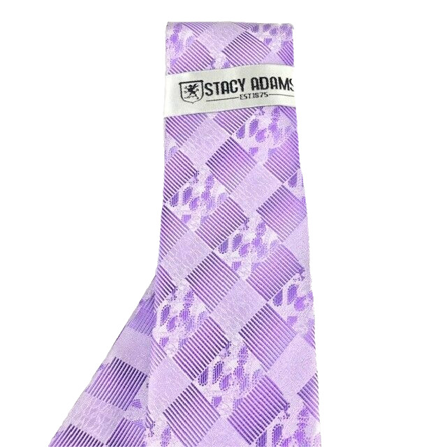 Stacy Adams Men’s Tie Hanky Set Purple Lavender Plaids Checks 3.25 Inches Wide