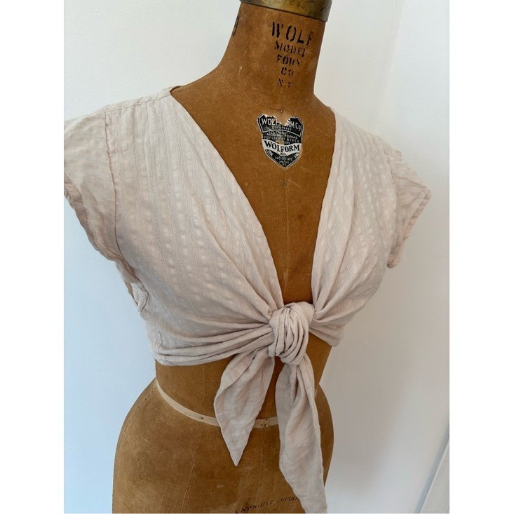 Cream Cotton Crop Top Boho Cottagecore Milkmaid Tie Wrap Size Small