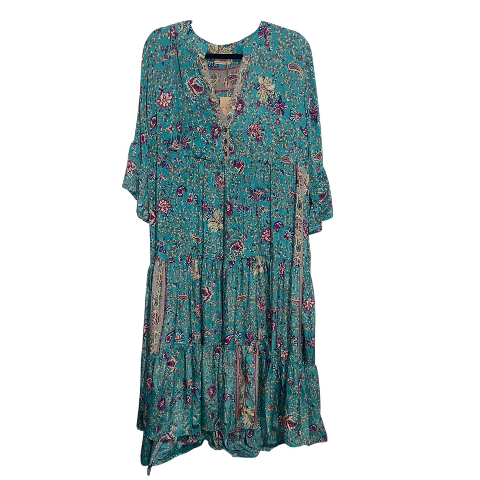 Dharma Imports Dress M/L Paisley Floral Poly Satin Boho Hippie Tiered Midi Artsy