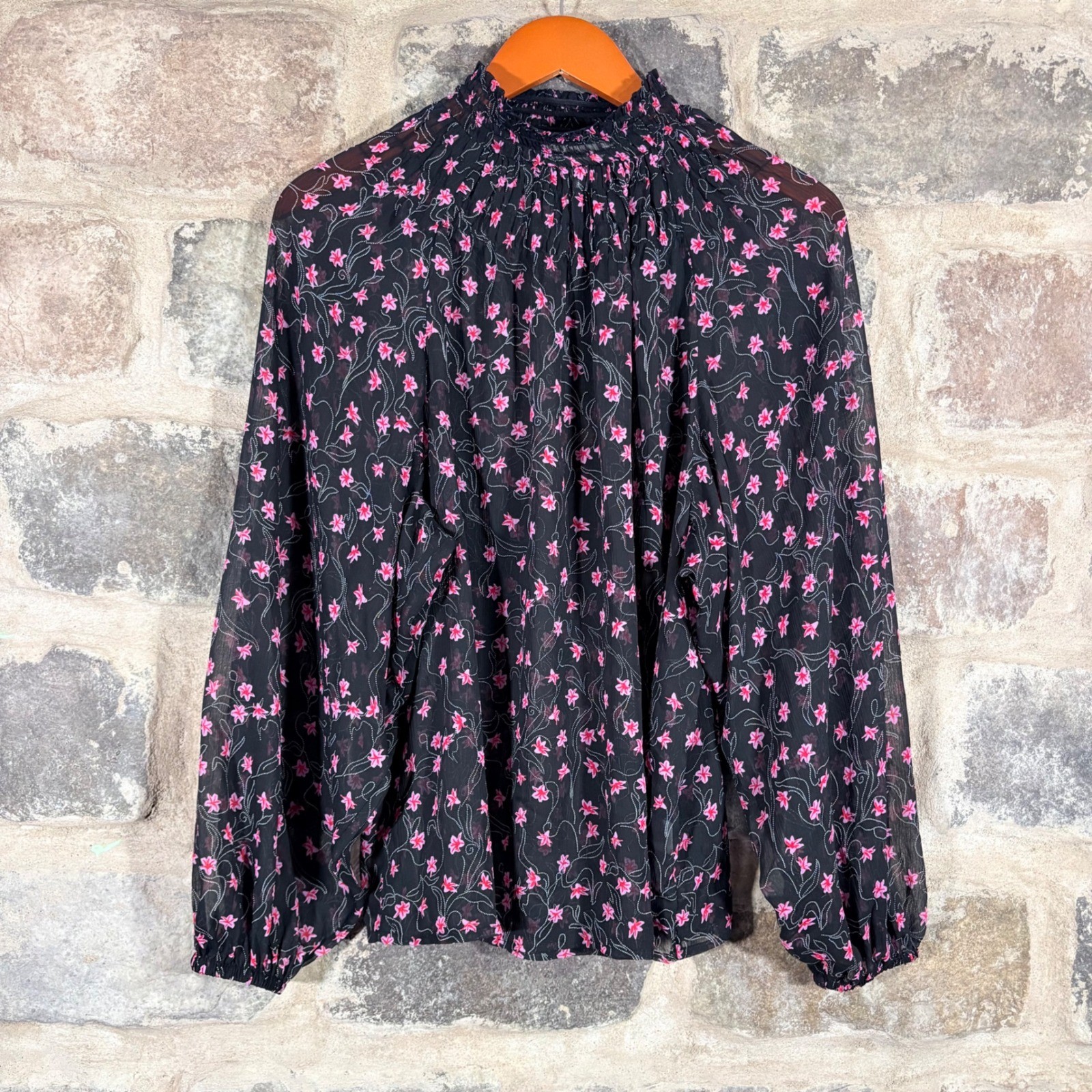 Elizabeth and James Black Pink Floral Smocked Mock Neck Sheer Blouse Large Boho