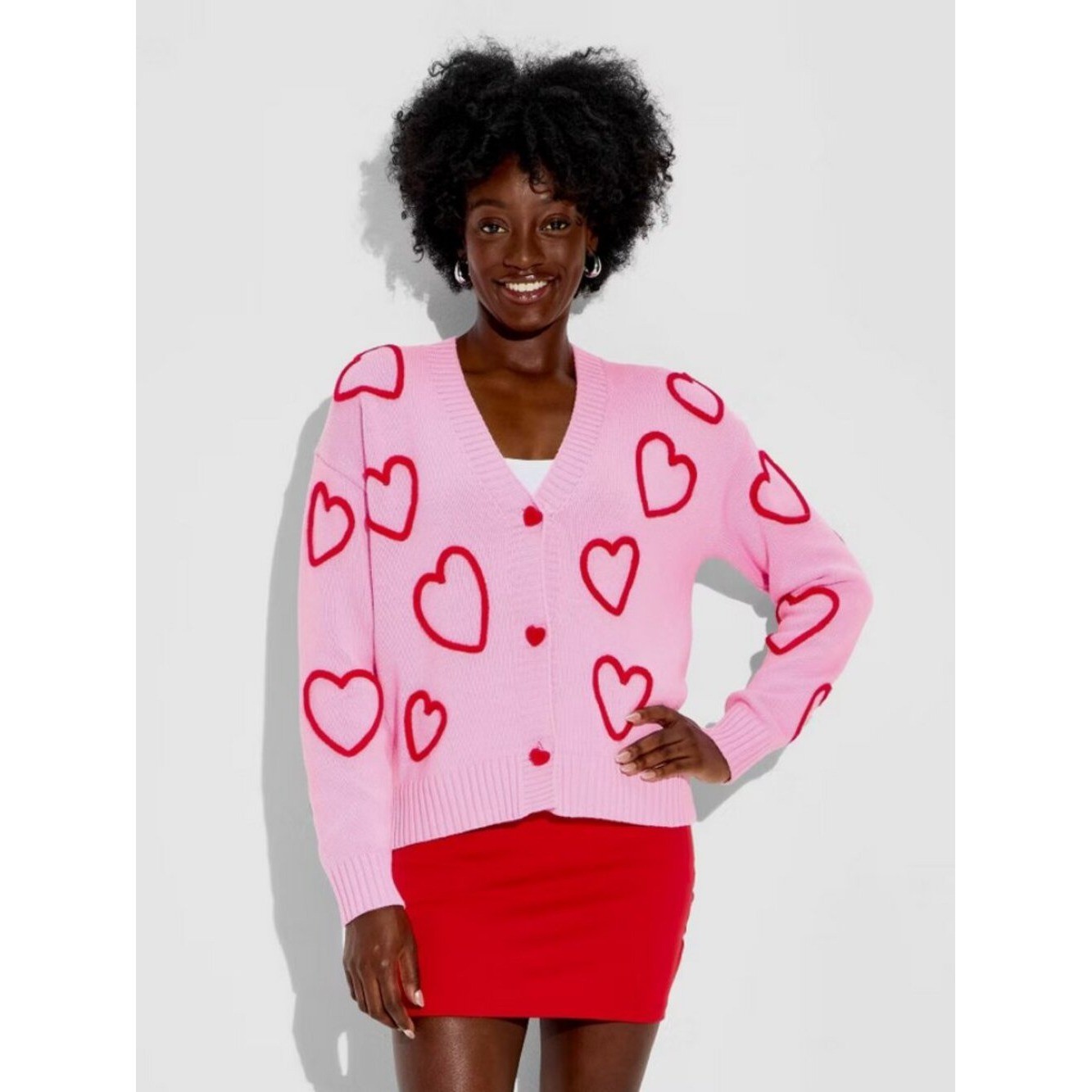 Women’s Hearts Graphic Cardigan Sweater – 33 Degrees Pink Red L
