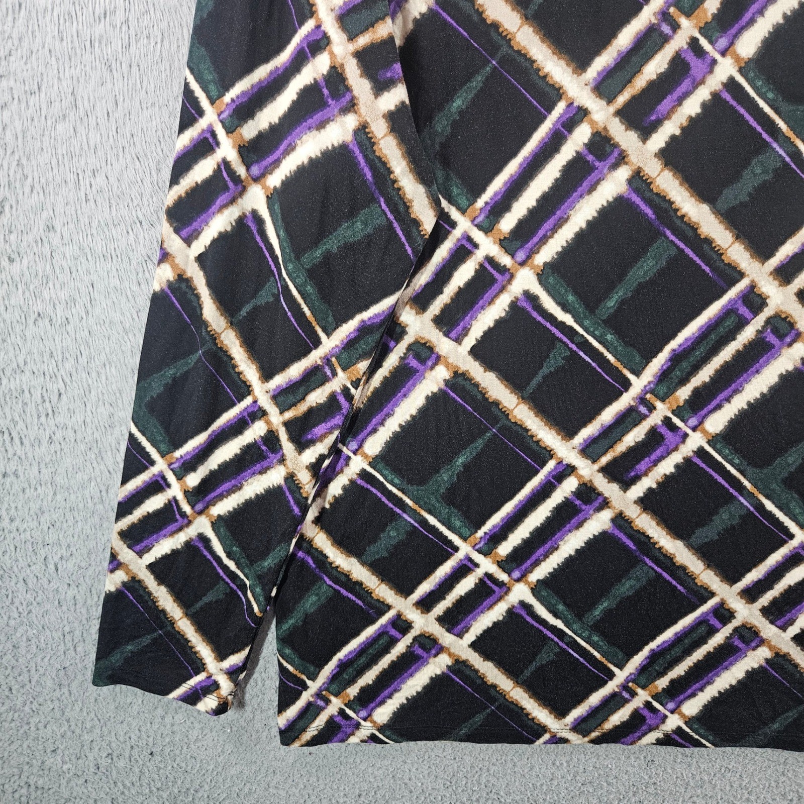 Chicos Womens Mock Neck Top Size 2 Large Black Purple Plaid Long Sleeve Rayon
