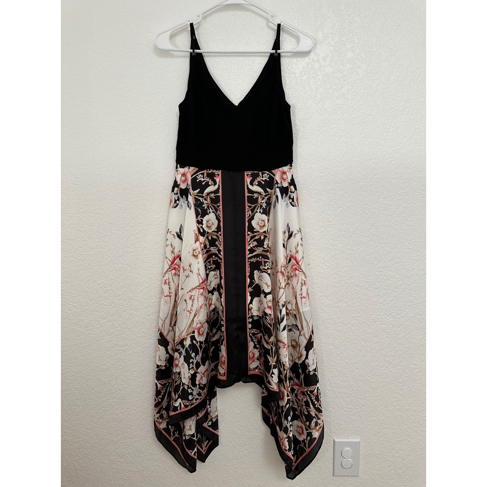 White House Black Market Floral Handkerchief Midi Dress Black Pink 2P Petite