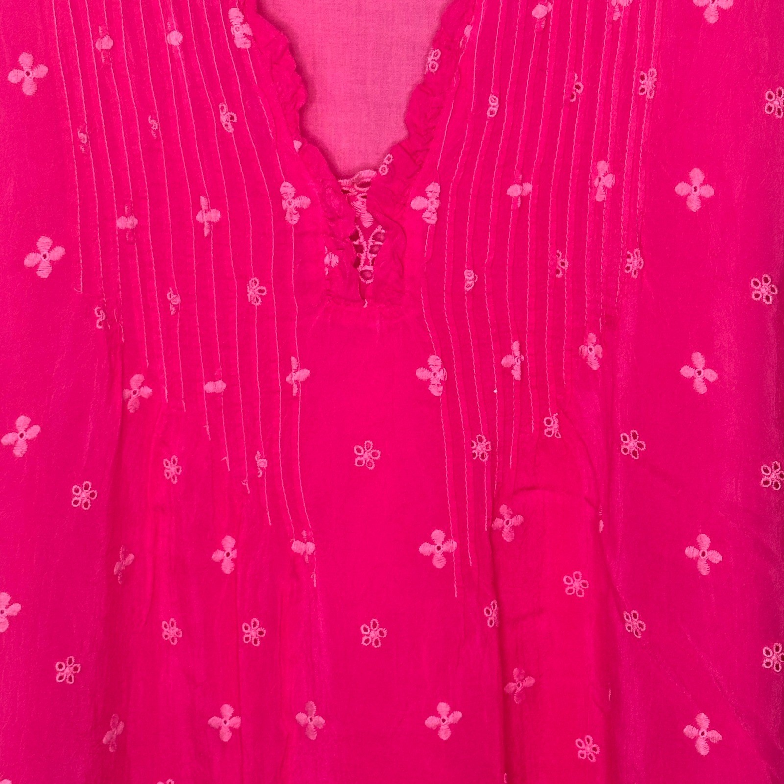 Johnny Was Hot Pink Embroidered Silk Blend Tunic Top Lace Trim V-Neck Large