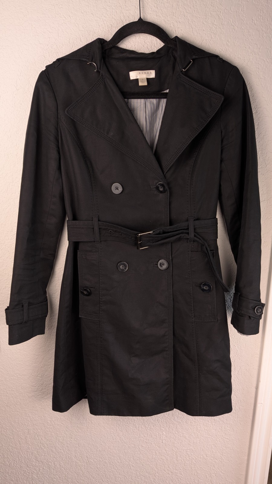 Kenar Double Breasted Trench Coat S Black Stretch Cotton Belted Pockets Chic