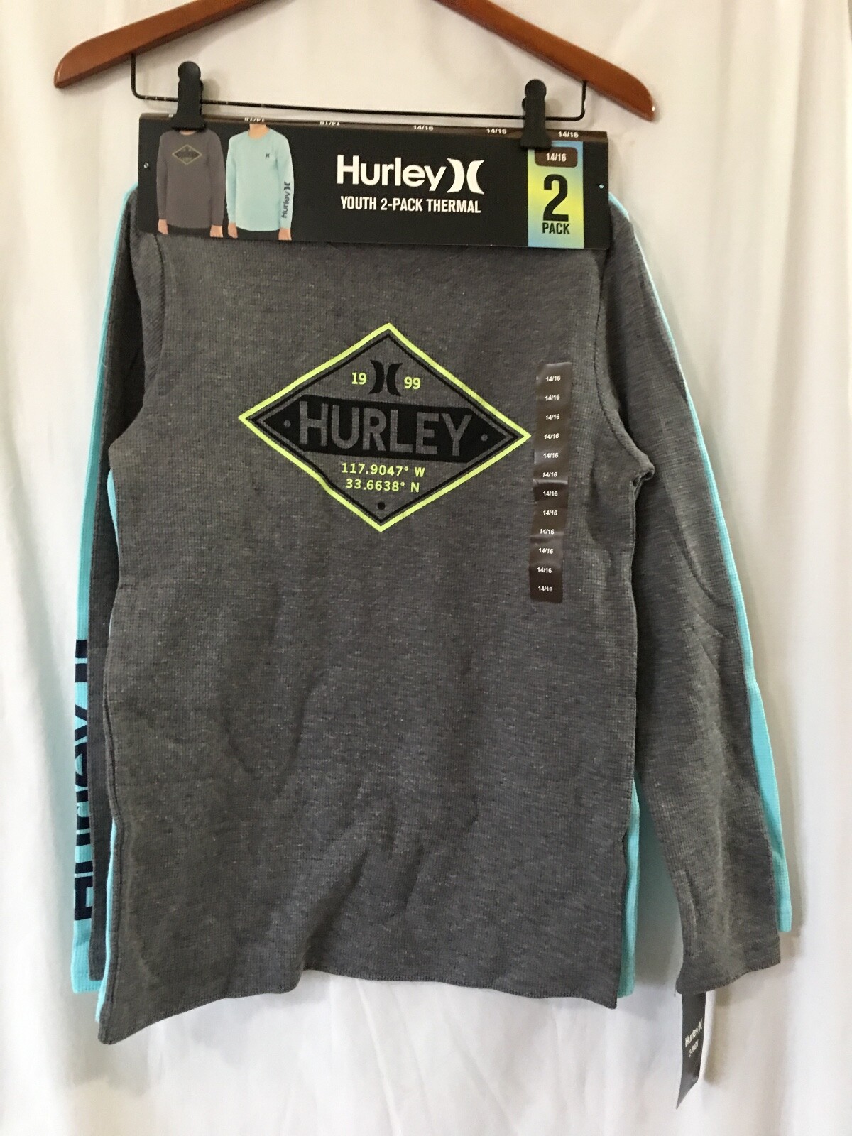 Hurley Boy’s 2-Pack Thermal Crew Neck Long Sleeve T-Shirts 14/16 NEW