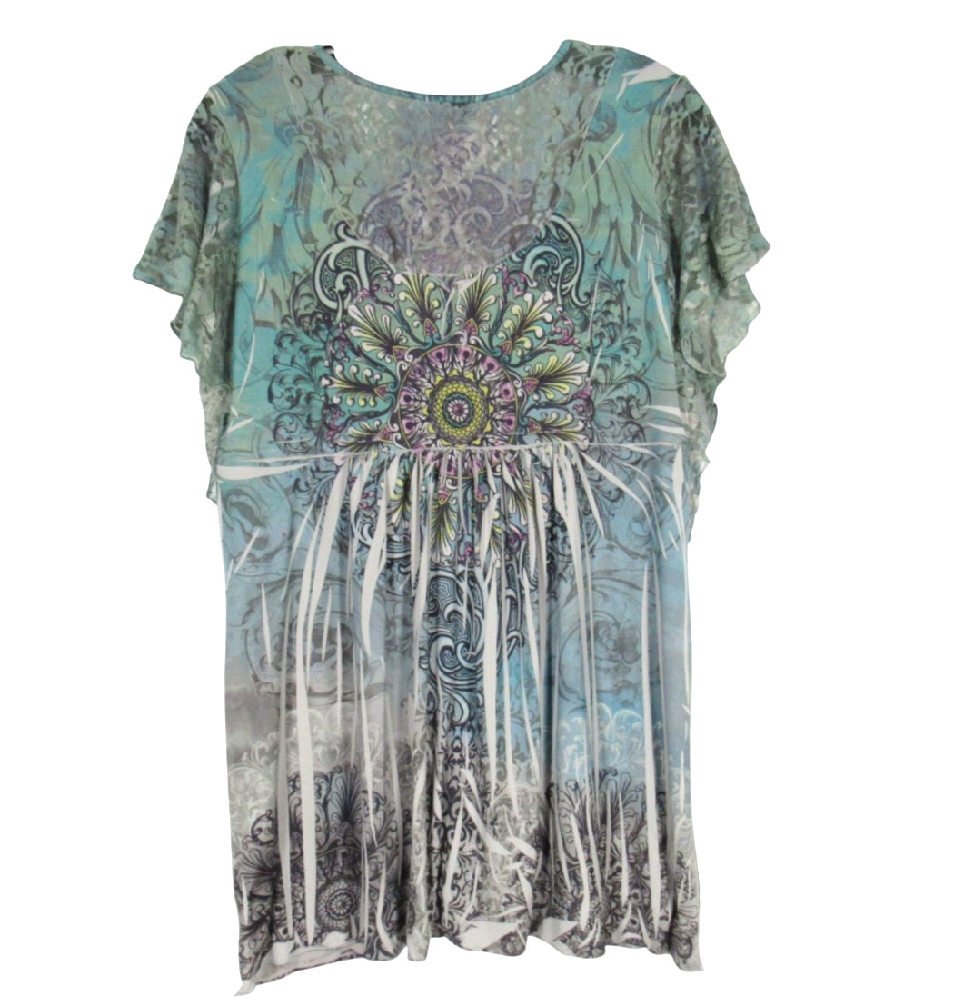 Y2K ONE WORLD Sublimation COLORFUL LACE BUTTERFLY U-Bar Neckline BLOUSE/TOP XL