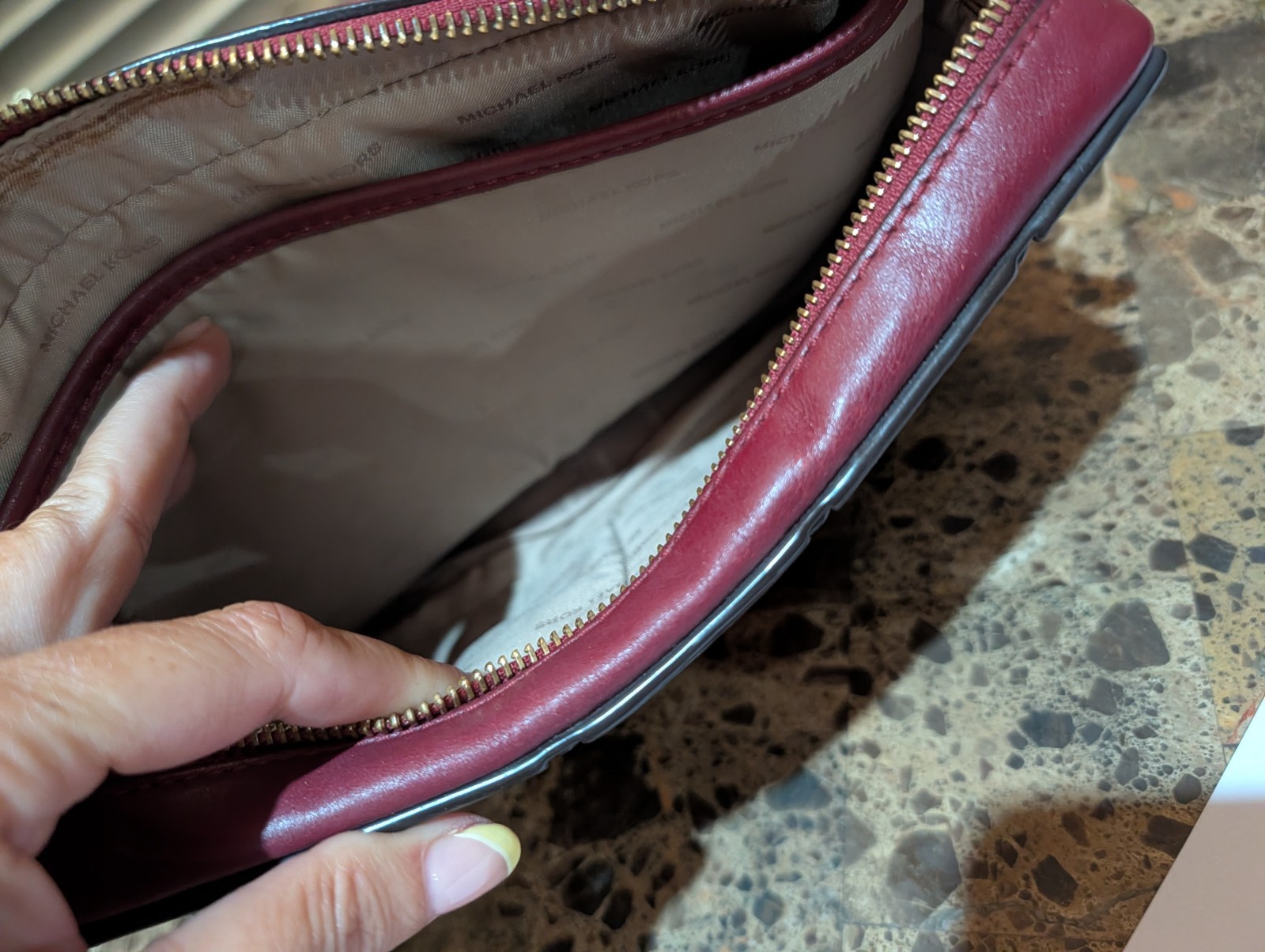 Michael Kors Burgundy Quilted Crossbody Zip Bag Gold Hardware Chain Strap