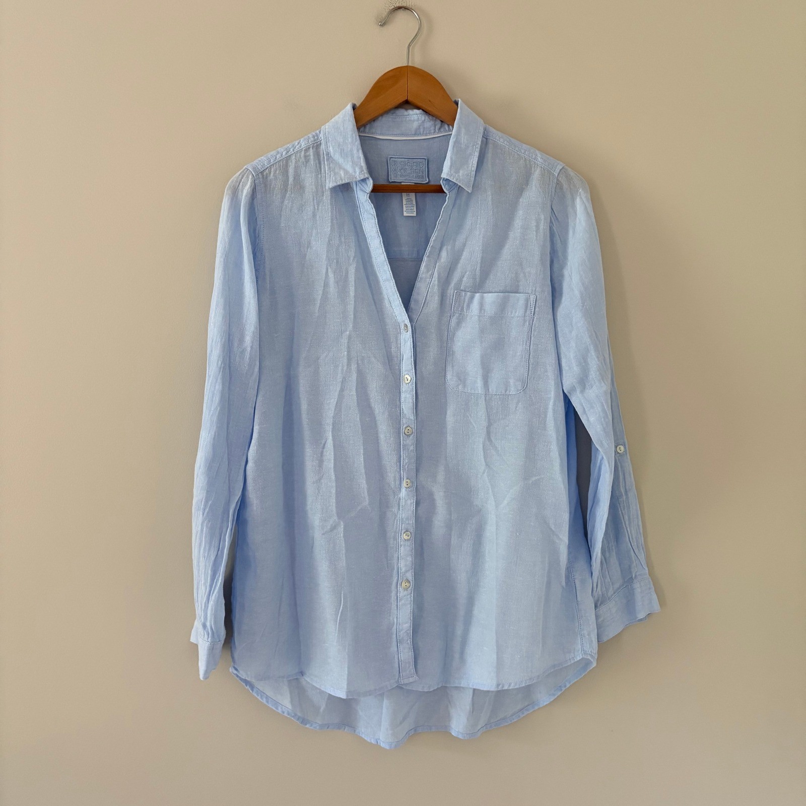 Sigrid Olsen Button Down Shirt Medium Light Blue 100% Linen Roll Tab Sleeve Top